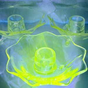 Fenton Vibrant Yellow Glass Candle Holders Set of 3. 9 Petal